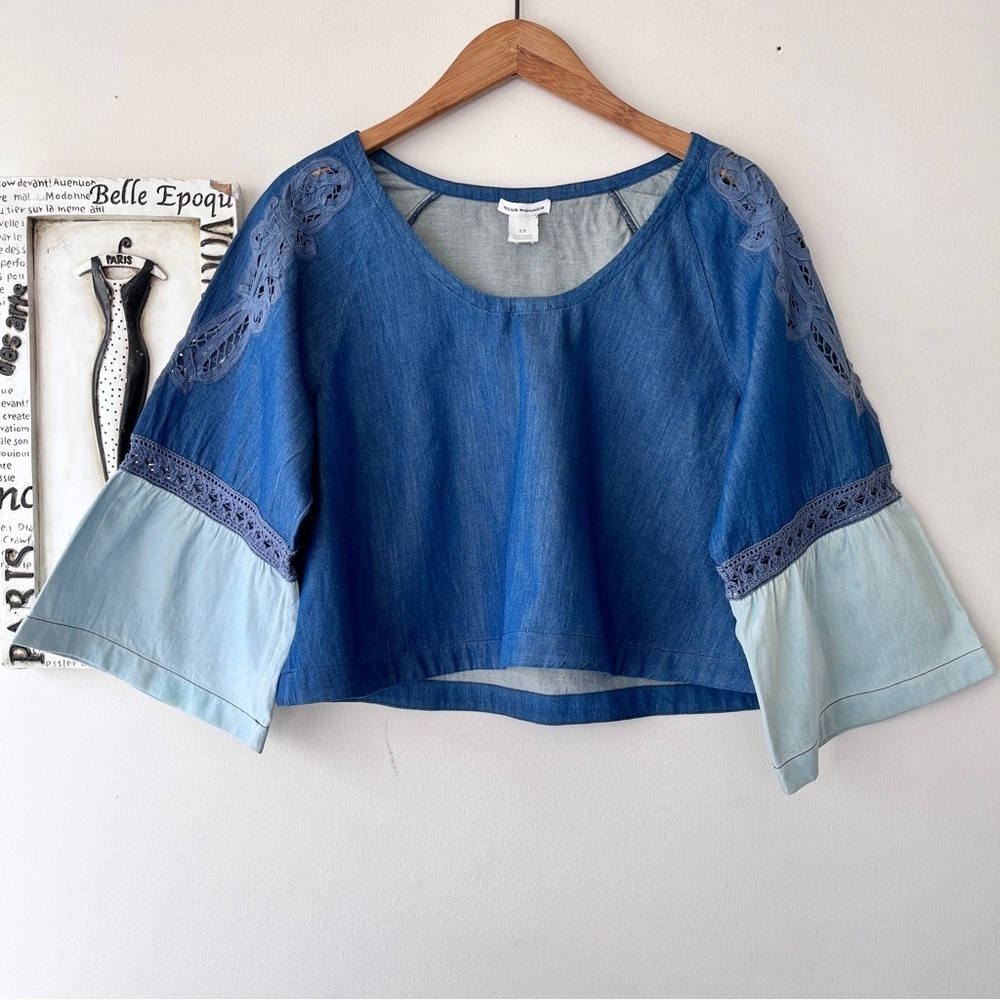 Club Monaco Boho Denim Cotton Bell Sleeve Blouse Lace Crop Top Size S